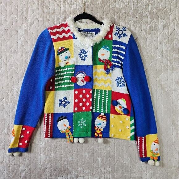 VTG Jack B Quick Winter Cardigan Womens Petite S Snowman Artsy Loud 3D Eccentric - Picture 1 of 7